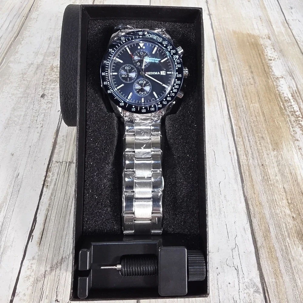 Dedima Mens Chronograph Watch Black Dial Silver Stainless Steel Link Band New